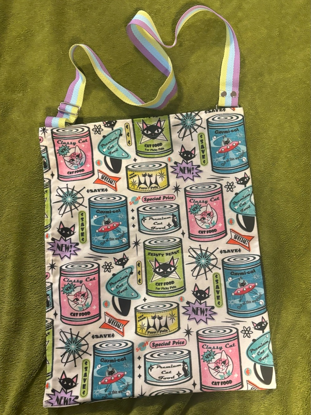 Printed Cat Food Cans Canvas Tote Bag – Pastel Multi. Approx 8x12 inches
